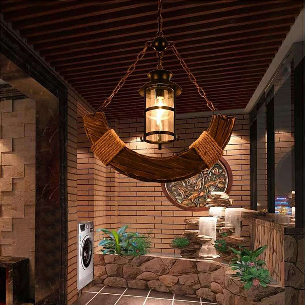 Austin Retro Rustic Arc Metal/Wood Lantern Glass Pendant Light - Lumpaz