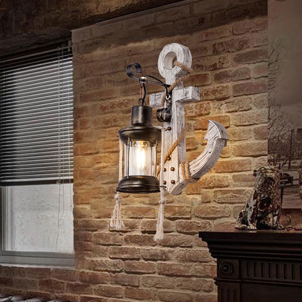 Austin Anchor Lantern Wall Lamp, Vintage/Antique, Wood, Bedroom - Lumpaz
