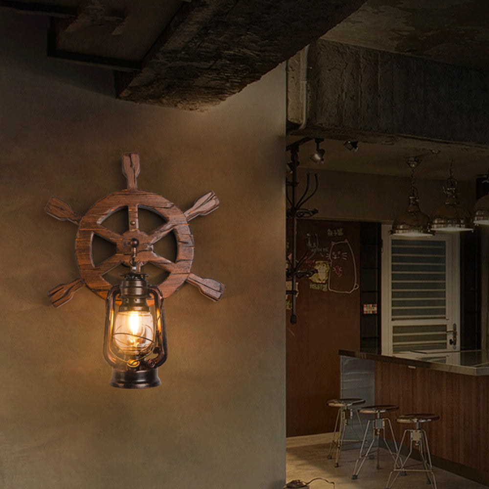Austin Wall Lamp Retro Rudder Lantern Brown Wooden, Bedroom - Lumpaz