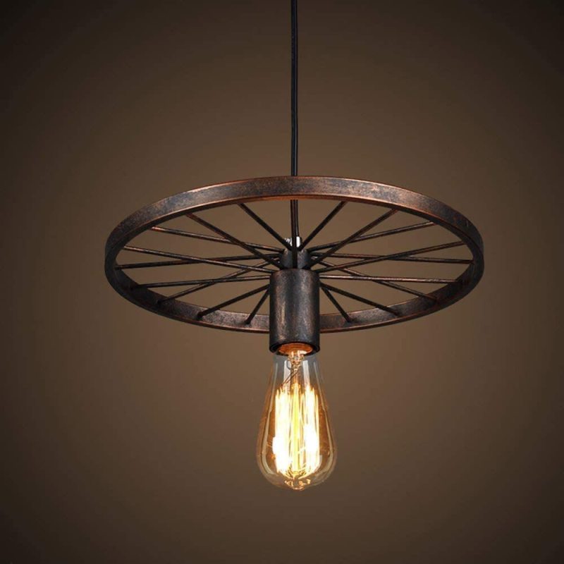 Alessio Retro Industrial Wagon Wheel Metal Pendant Light, Black/Rust - Lumpaz