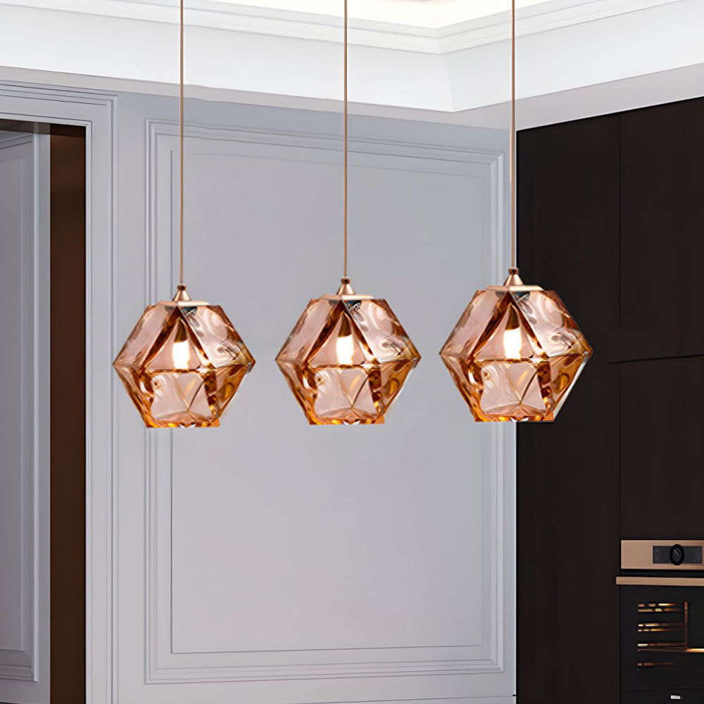 Hailie Modern Glass Multi Polygonal Pendant Light, White/Smoke Gray/Rose Gold - Lumpaz