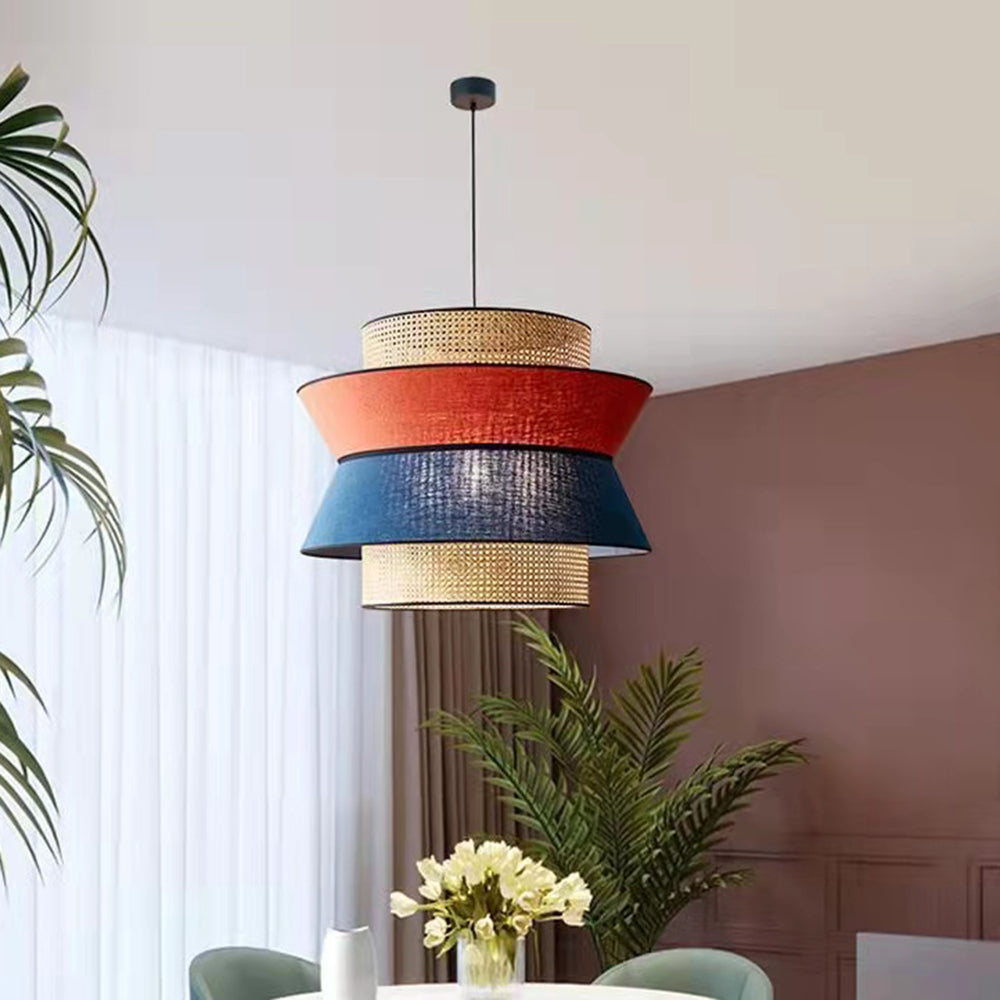 Ritta Fabric and Rattan Pendant Light, Orange/Dark Blue - Lumpaz