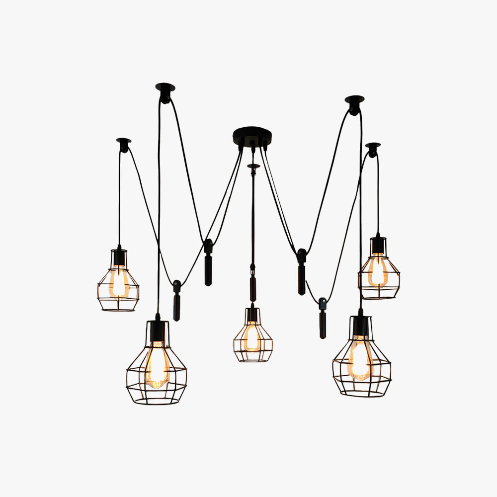 Alessio Industrial Caged Metal Pendant Light, 5/8 Heads, Black - Lumpaz