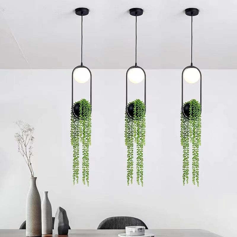 Natural Plant Pot Ball Metal Pendant Light, Black/Green - Lumpaz