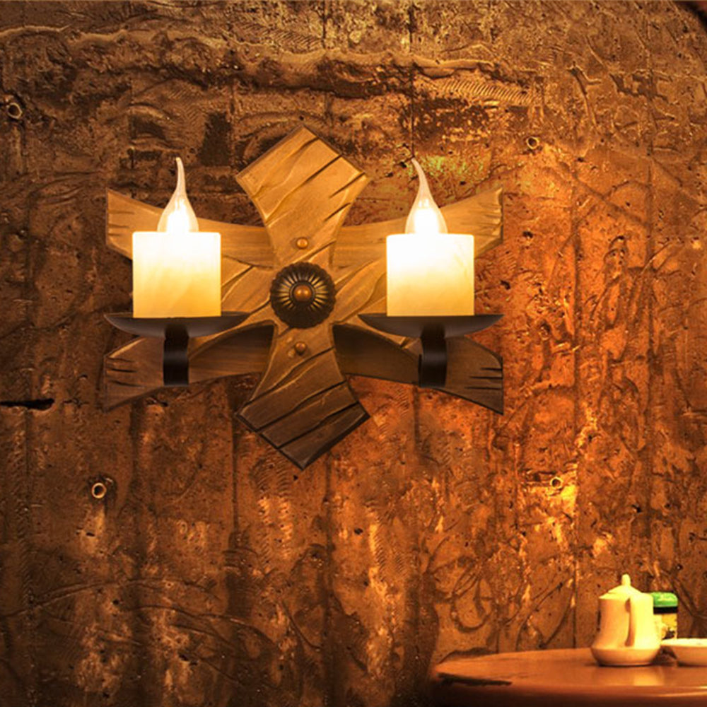 Austin Wall Lamp Decorative Vintage Candle Double Light Wooden, Bedroom - Lumpaz