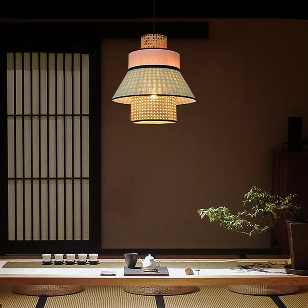 Ritta Farmhouse Fabric/Rattan Pendant Light, 2 Style - Lumpaz