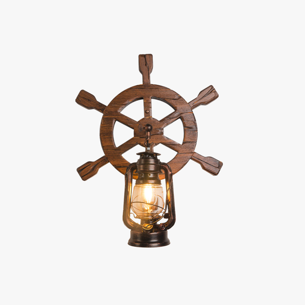 Austin Wall Lamp Retro Rudder Lantern Brown Wooden, Bedroom - Lumpaz