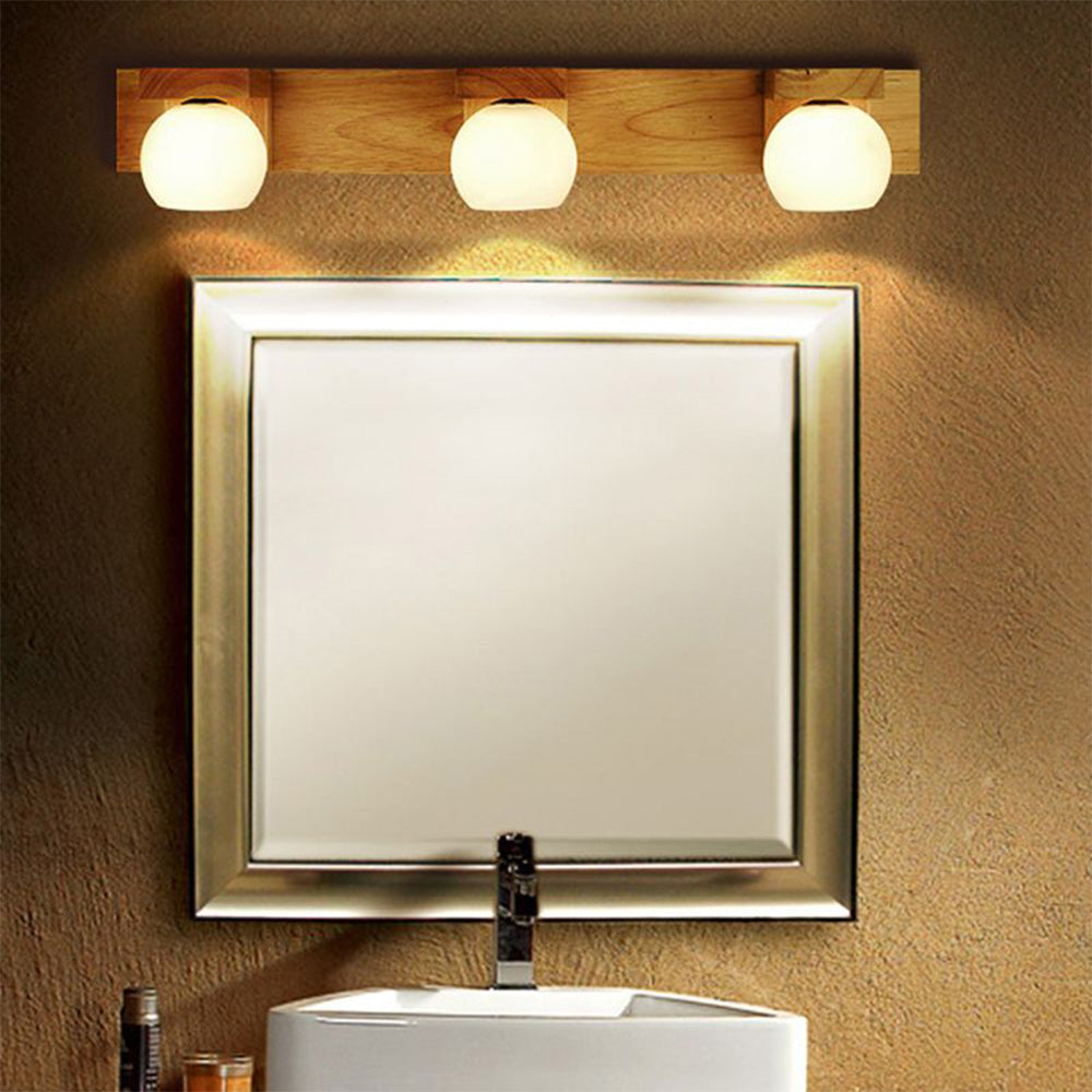 Ozawa Wooden Ball Mirror Front Vanity Wall Lamp, Log Color - Lumpaz