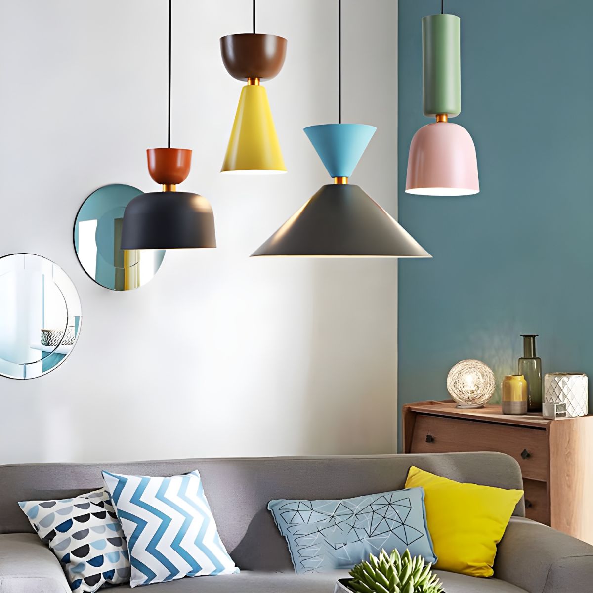 Morandi Modern Dome Art Deco Pendant Light, Black/Yellow/Pink/Gray - Lumpaz