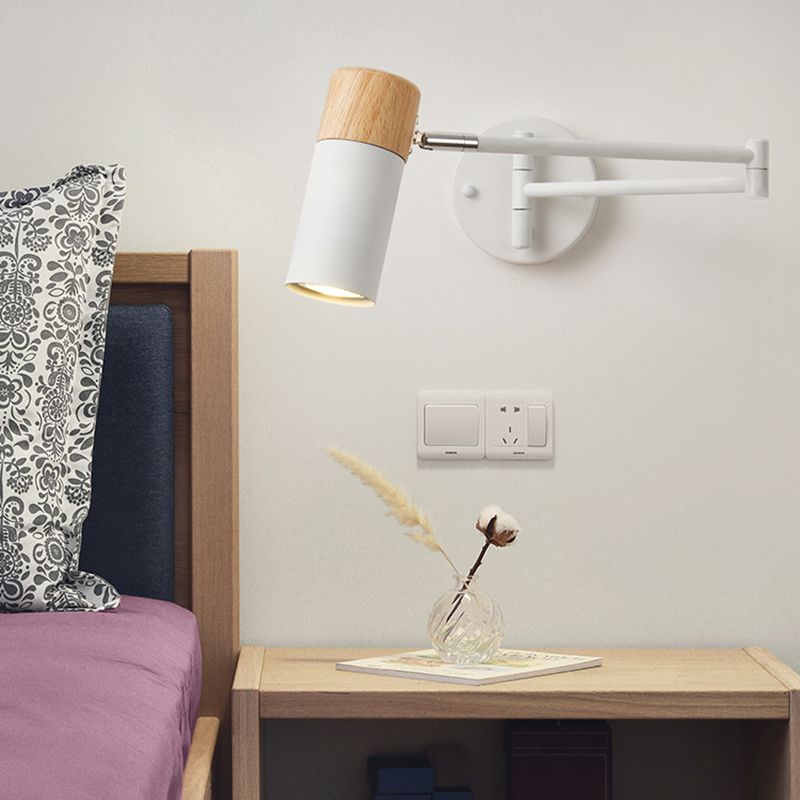 Ozawa Nordic Can Shaped Adjustable Wall Lamp, Metal/Wood, White - Lumpaz