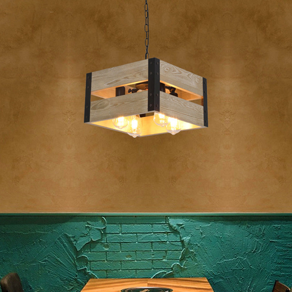 Alessio Retro Square Metal & Wood Pendant Light, 4 Heads, 2 Style - Lumpaz