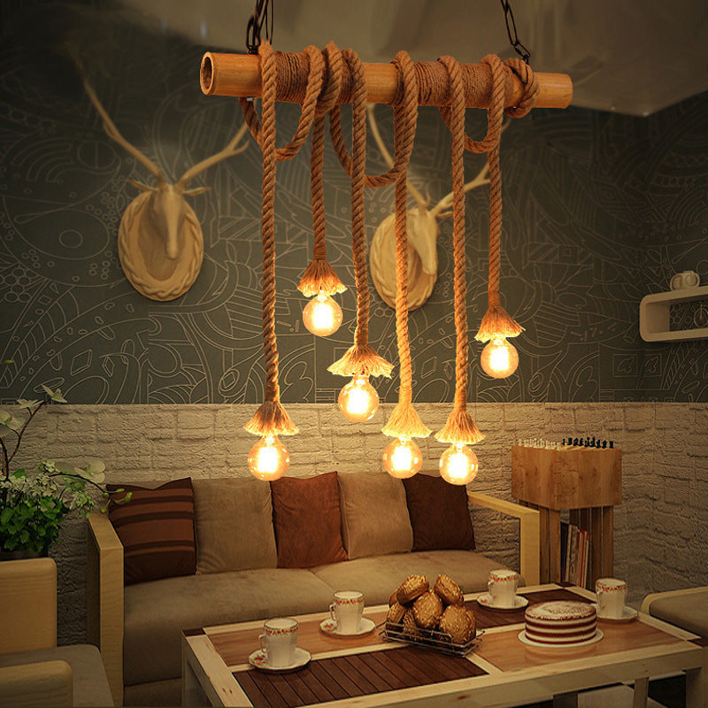 Alessio Vintage Wood/Rope Pendant Light, Farmhouse, Living Room - Lumpaz