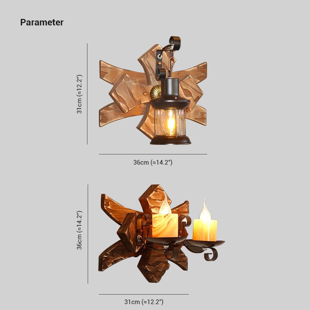 Austin Vintage Candle & Lantern LED Wall Lamp, Wood/Metal, Gold, Bedroom - Lumpaz