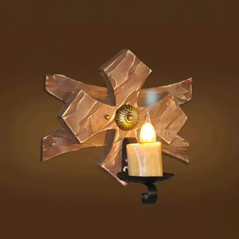 Austin Vintage Candle & Lantern LED Wall Lamp, Wood/Metal, Gold, Bedroom - Lumpaz