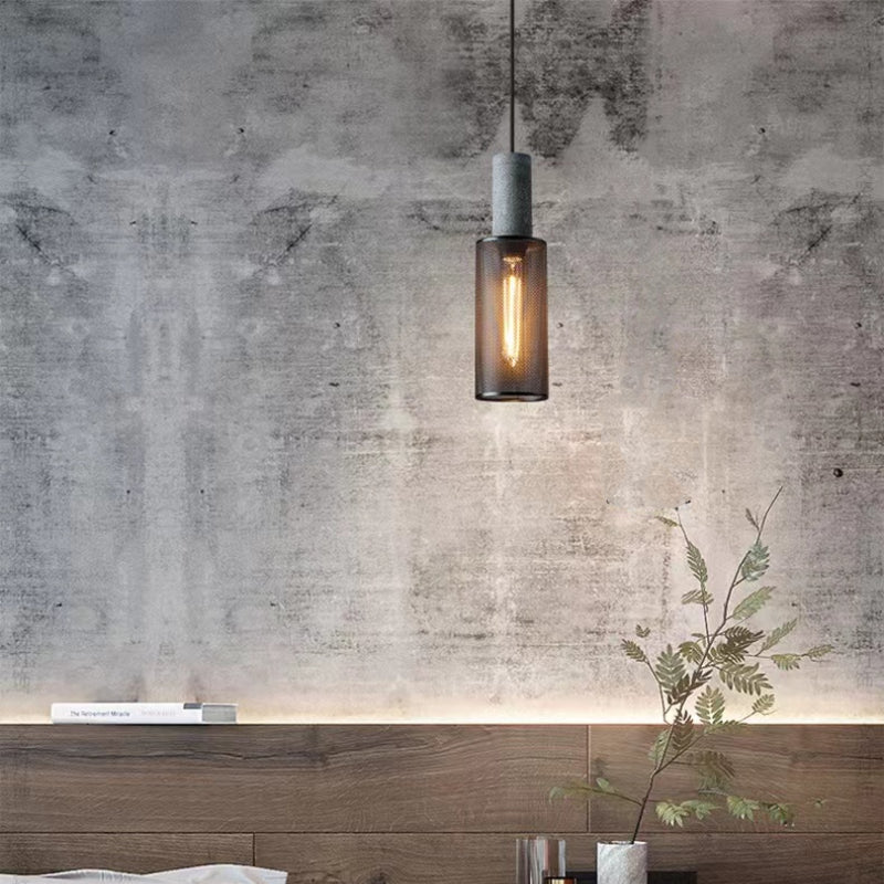 Zaid Industrial Cylindrical Pendant Light, Cement/Metal, Wabi-Sabi - Lumpaz