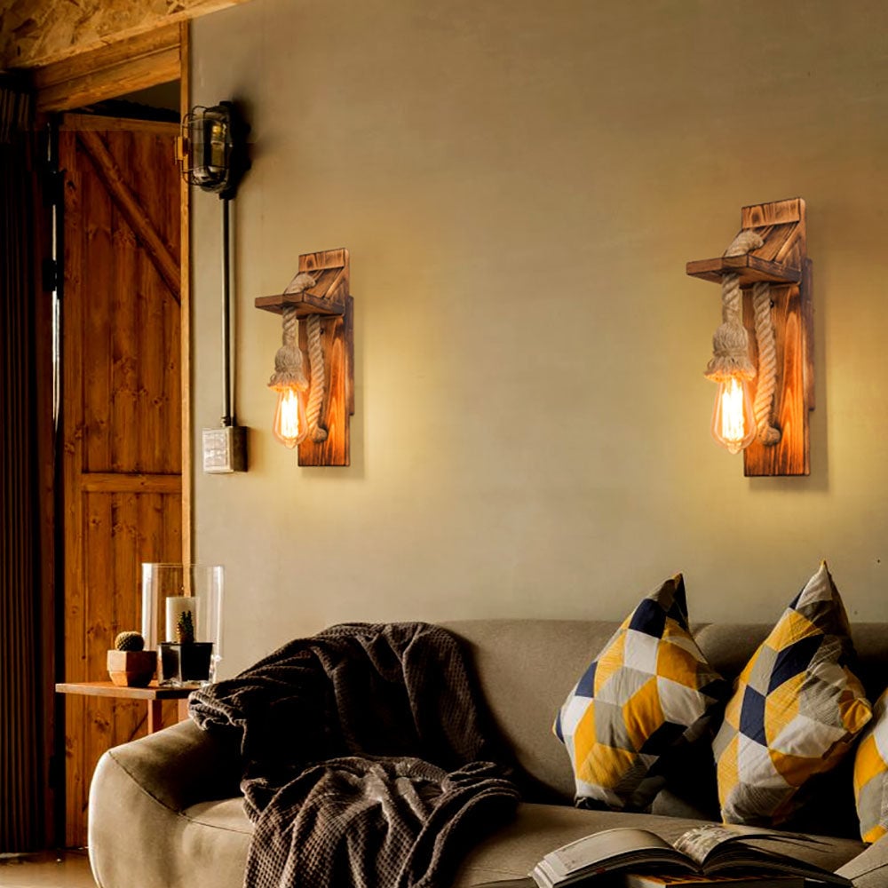 Austin Vintage Rectangular LED Wall Light, Wood/Hemp Rope, Dining Room - Lumpaz