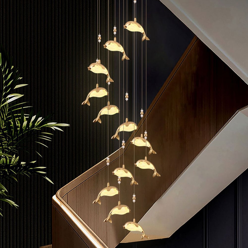 Jibril Modern Dolphin Metal Pendant Light, Gold, Metal/Acrylic - Lumpaz