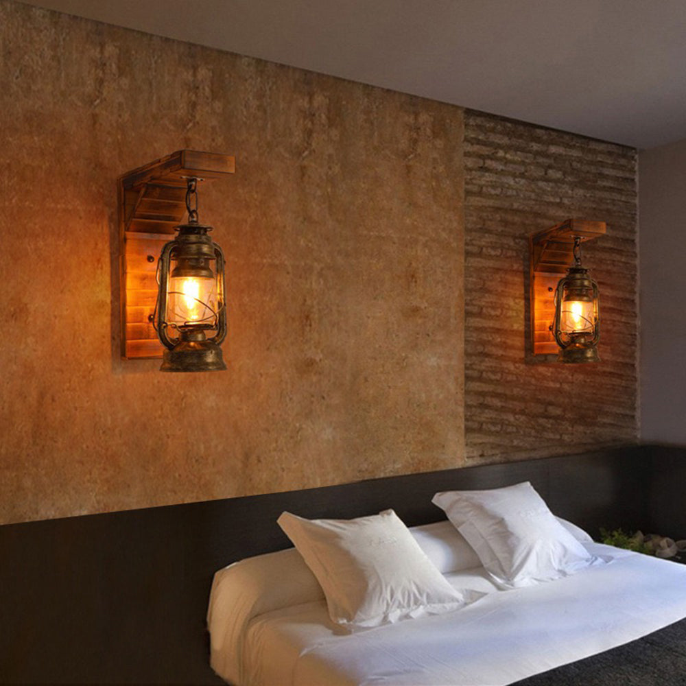 Austin Lantern Bedroom Wall Lamp, Metal/Wood, Restaurant - Lumpaz