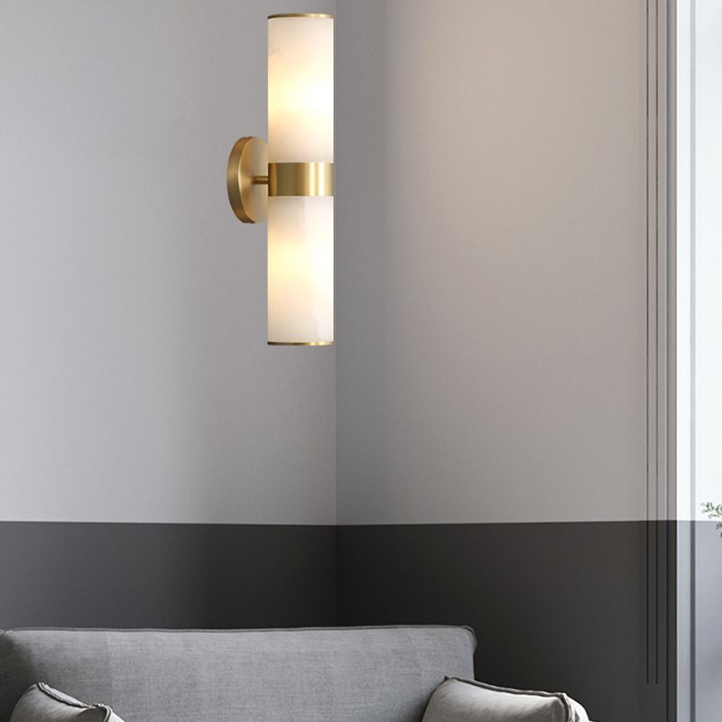 Chan Modern Double Headed Metal Stone Vanity Wall Lamp, Brass - Lumpaz