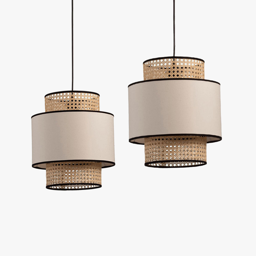 Ritta Retro Fabric and Rattan Pendant Light, Beige - Lumpaz