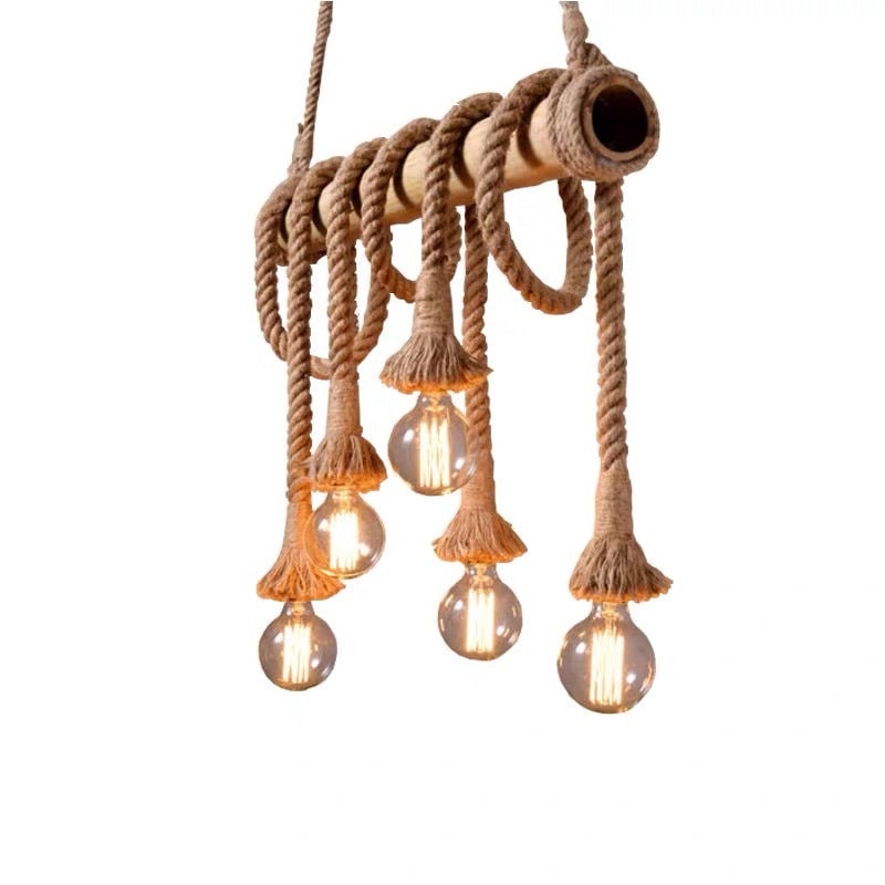 Alessio Vintage Wood/Rope Pendant Light, Farmhouse, Living Room - Lumpaz