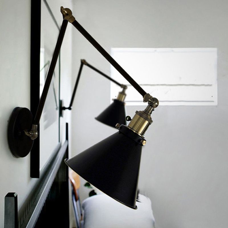 Alessio Wall Lamp Vintage Simple Conical Adjustable Black, Bedroom - Lumpaz