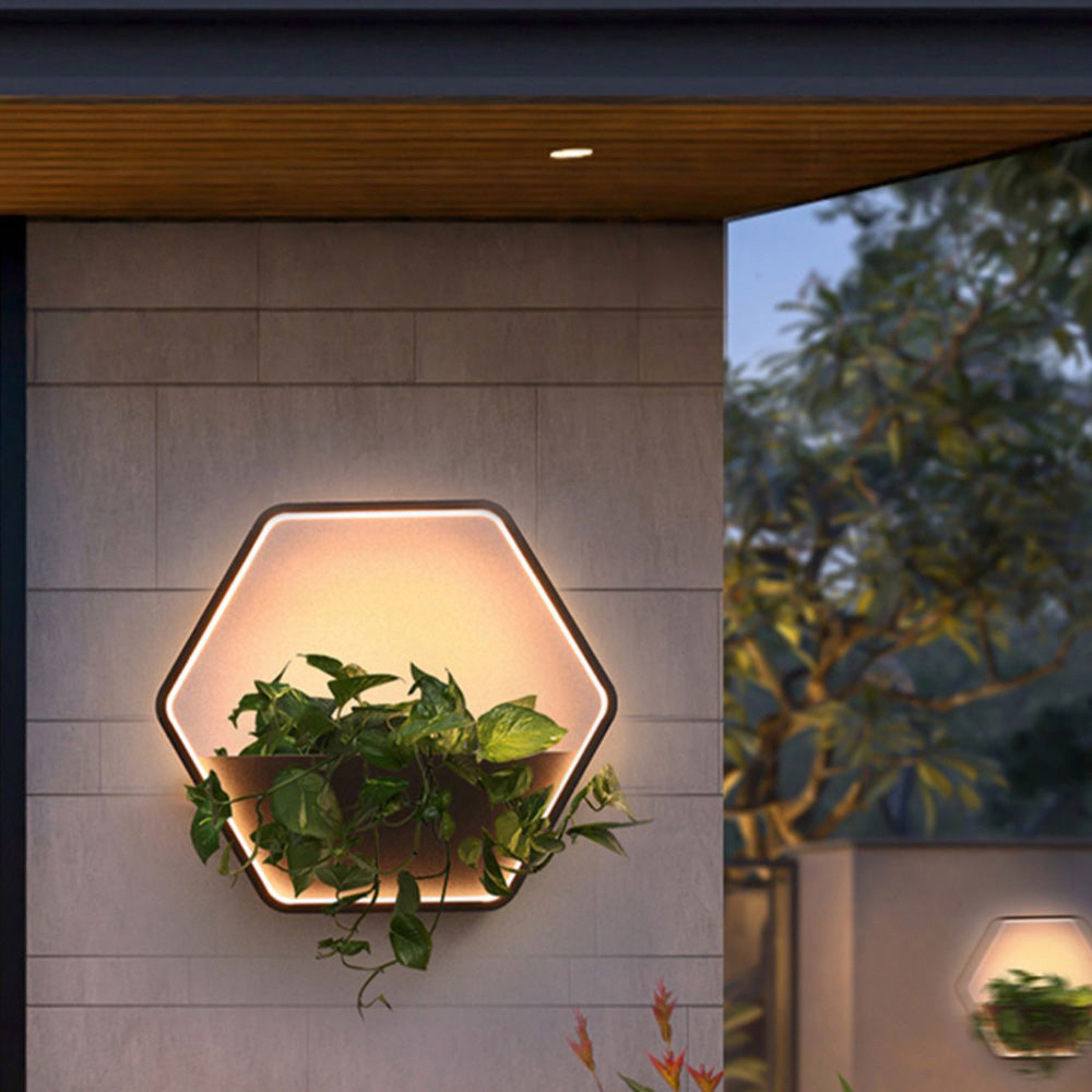 Orr Minimalist Hexagonal Ring With Shelf Metal Outdoor Wall Lamp, Black - Lumpaz