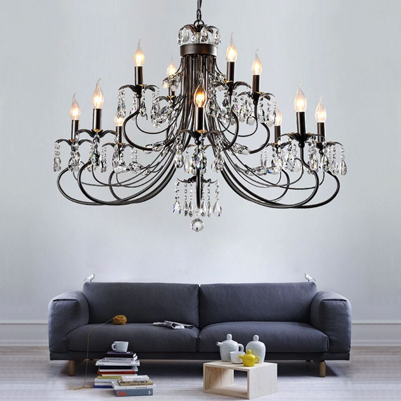 Silva Luxury Tiered Candle Metal/Crystal Chandelier, Black - Lumpaz