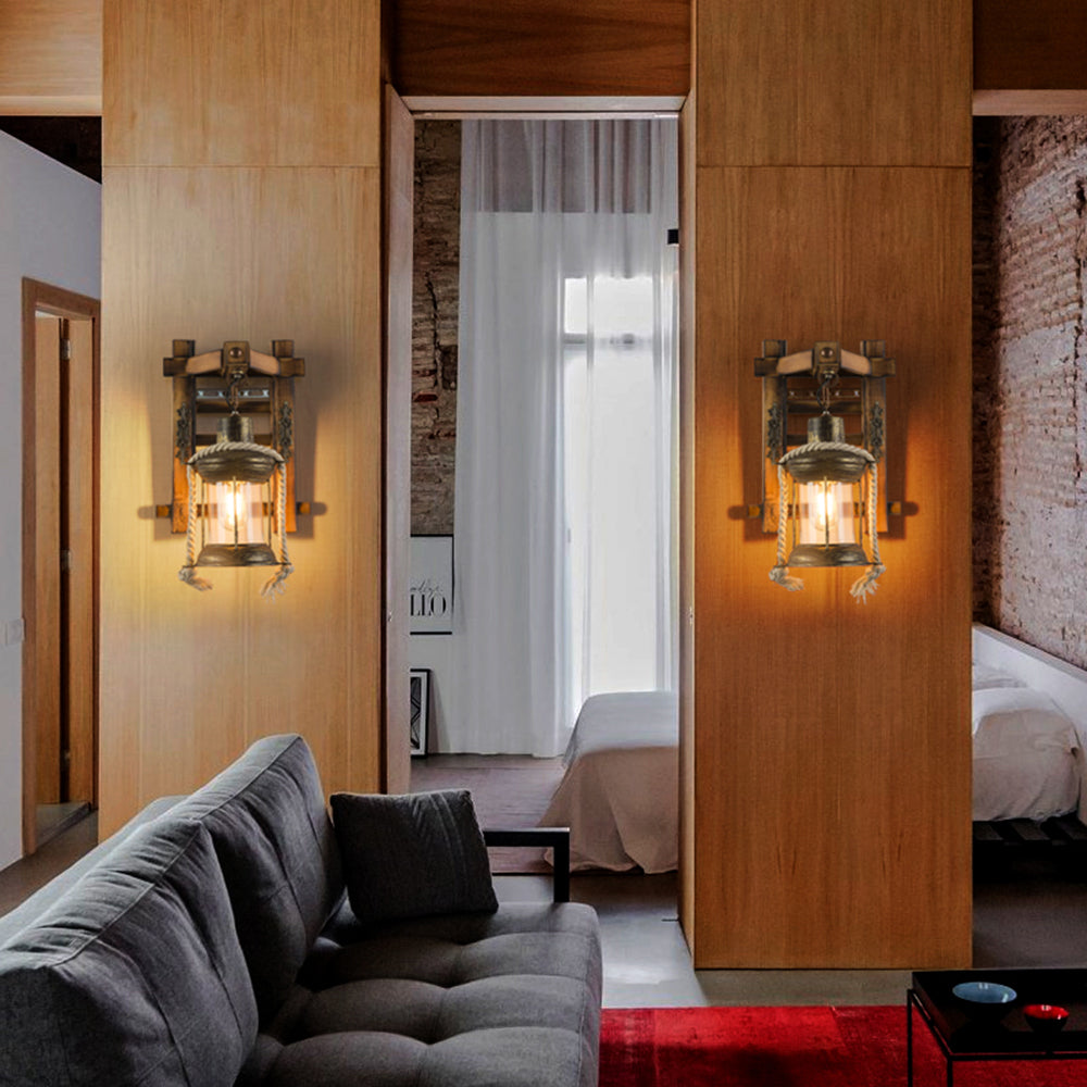 Austin Vintage Lantern Shape Wood Metal Wall Lamp - Lumpaz