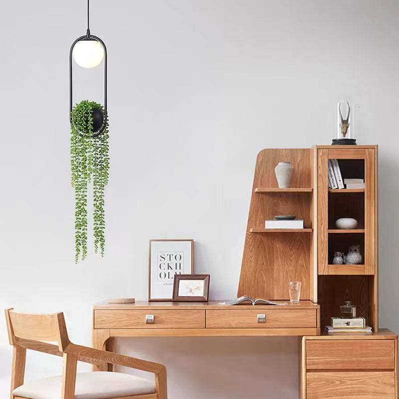 Natural Plant Pot Ball Metal Pendant Light, Black/Green - Lumpaz