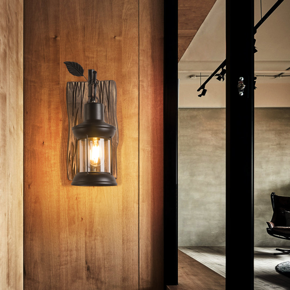 Austin Vintage Branches Lantern Wall Lamp, Metal/Wood, Black, Dining Room - Lumpaz