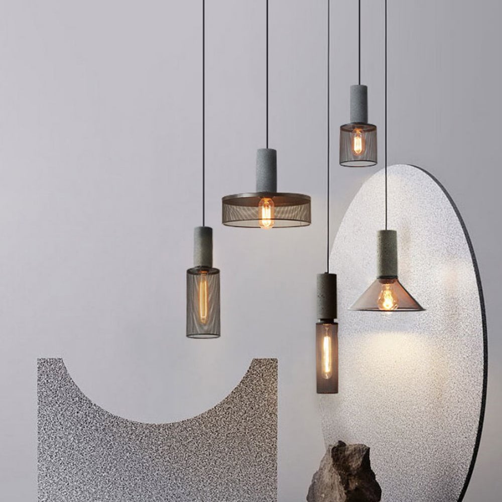 Zaid Industrial Cylindrical Pendant Light, Cement/Metal, Wabi-Sabi - Lumpaz