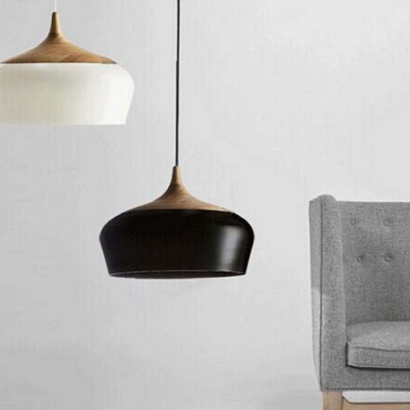 Nazifa Minimalist Metal/Wood Pendant Light, Black/White - Lumpaz