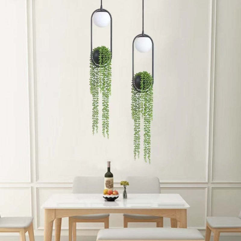 Natural Plant Pot Ball Metal Pendant Light, Black/Green - Lumpaz