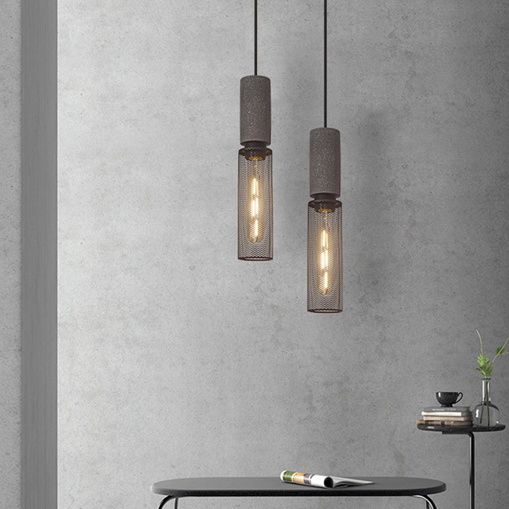 Zaid Industrial Cylindrical Pendant Light, Cement/Metal, Wabi-Sabi - Lumpaz