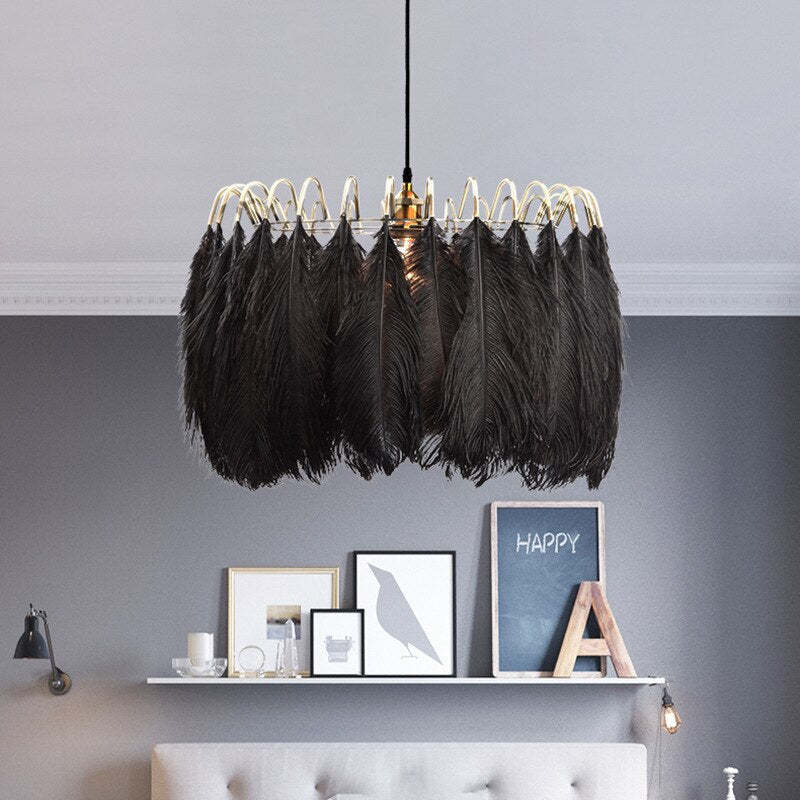 O'Moore Elegant Feather Pendant Light, Black/White, Bedroom/Living Room - Lumpaz