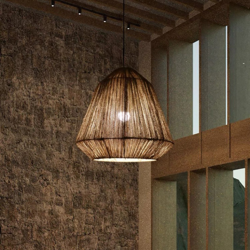 Rustic Lantern Metal/Rope Pendant Light, Gray, Restaurant - Lumpaz
