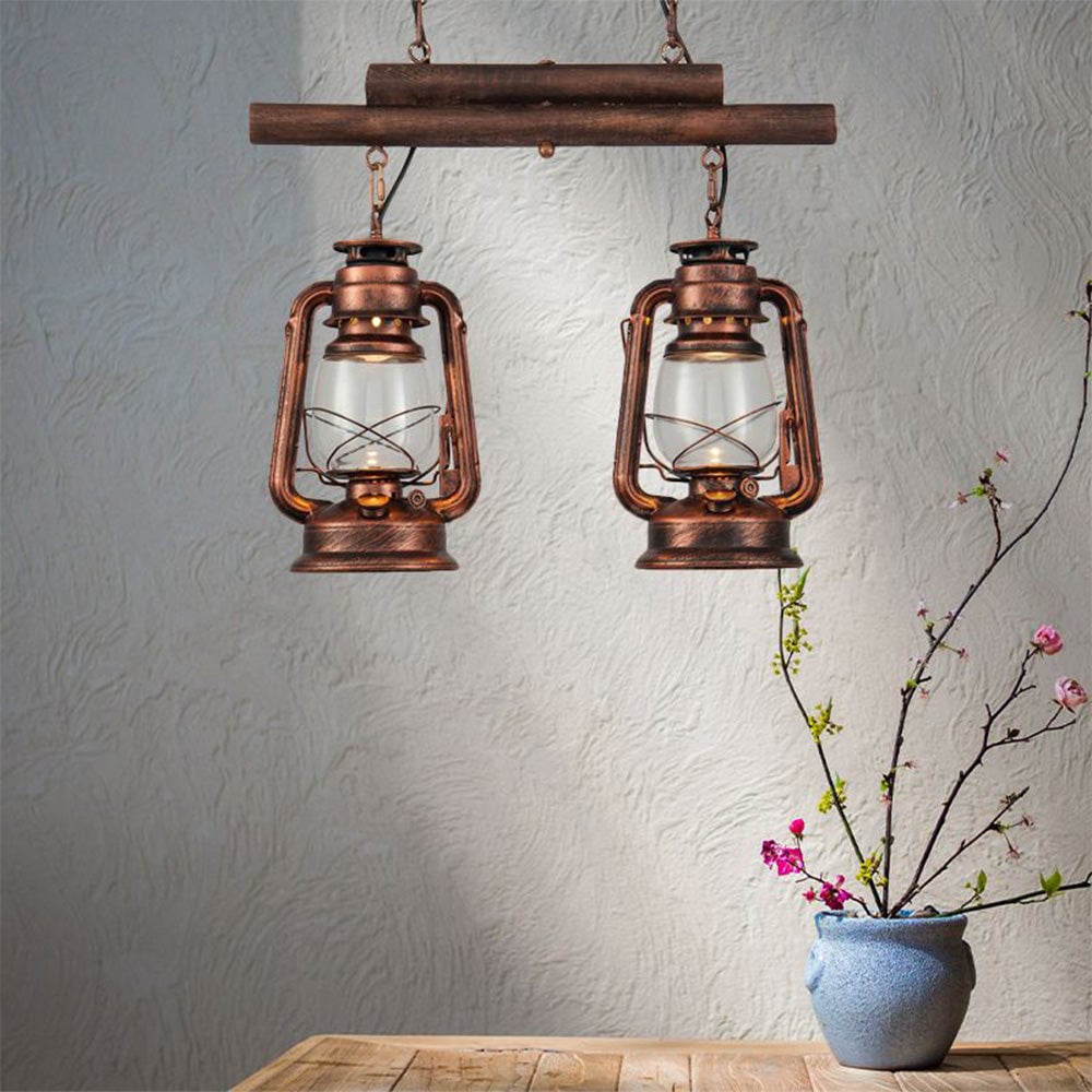 Alessio Rustic Vintage Lantern Pendant Light, Metal & Glass, 2 Heads - Lumpaz