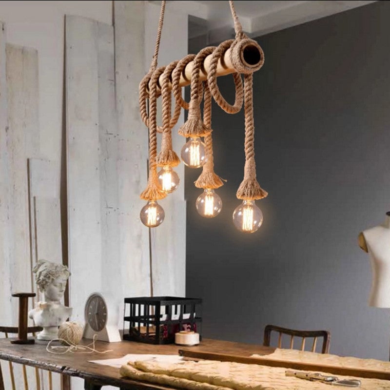 Alessio Vintage Wood/Rope Pendant Light, Farmhouse, Living Room - Lumpaz
