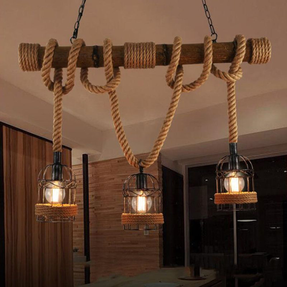 Alessio Vintage Wood Pendant Light, 3 Heads, Hemp rope&Metal - Lumpaz