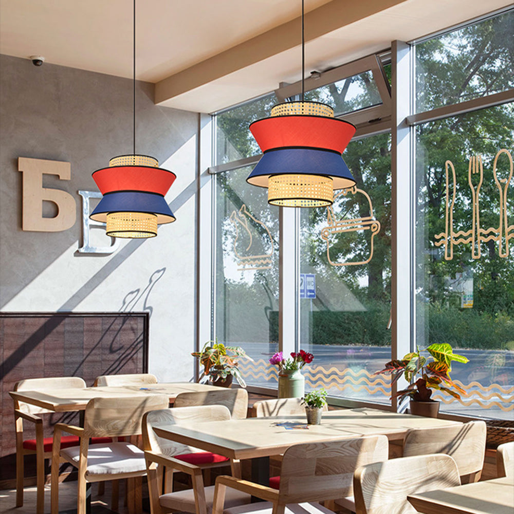 Ritta Fabric and Rattan Pendant Light, Orange/Dark Blue - Lumpaz