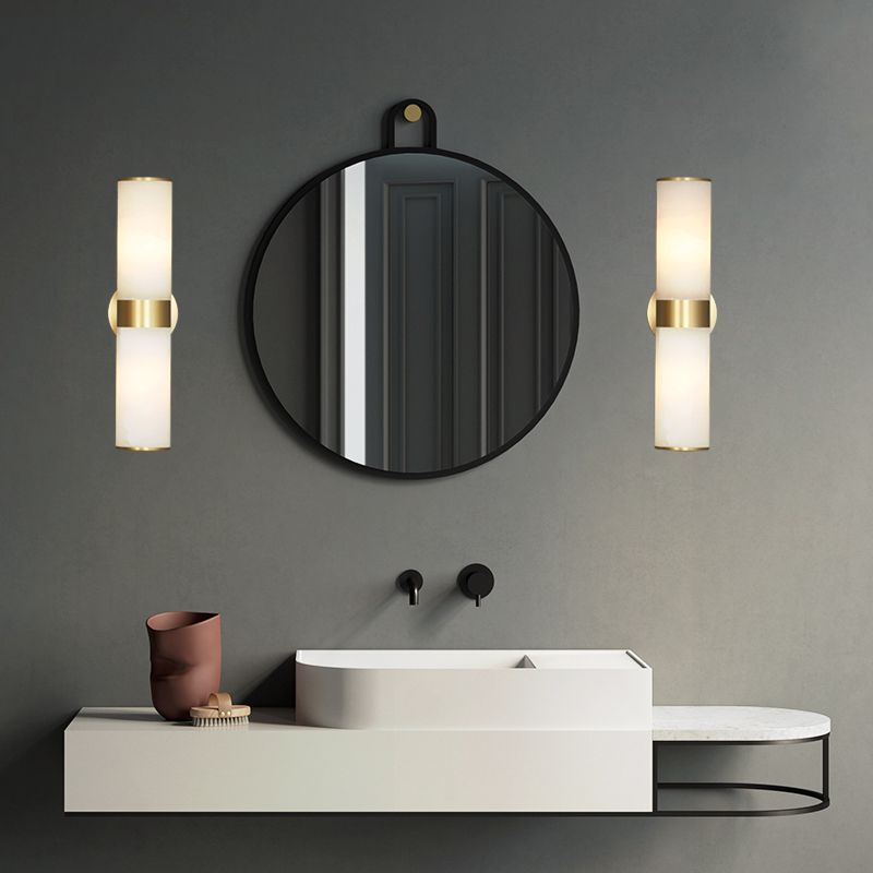 Chan Modern Double Headed Metal Stone Vanity Wall Lamp, Brass - Lumpaz