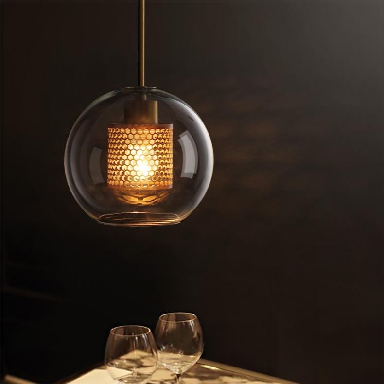 Oneal Contemporary Golden Pendant Light, Metal/Glass, Globe/Cylindric - Lumpaz