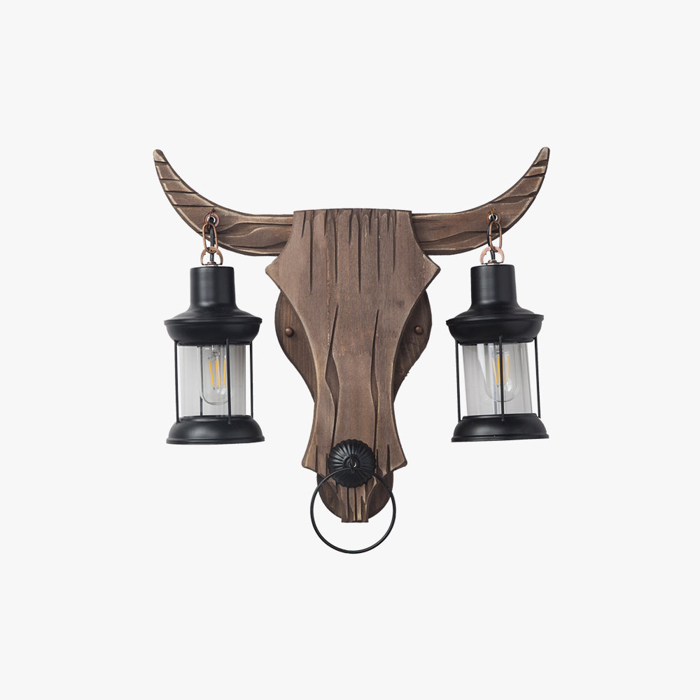 Austin Wall Lamp Bull Shape Vintage, 2 Heads Wood/Metal, Bedroom - Lumpaz