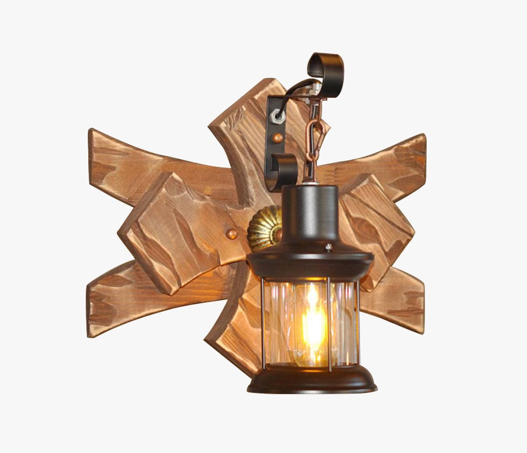 Austin Vintage Candle & Lantern LED Wall Lamp, Wood/Metal, Gold, Bedroom - Lumpaz