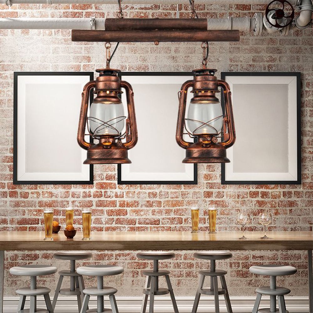 Alessio Rustic Vintage Lantern Pendant Light, Metal & Glass, 2 Heads - Lumpaz