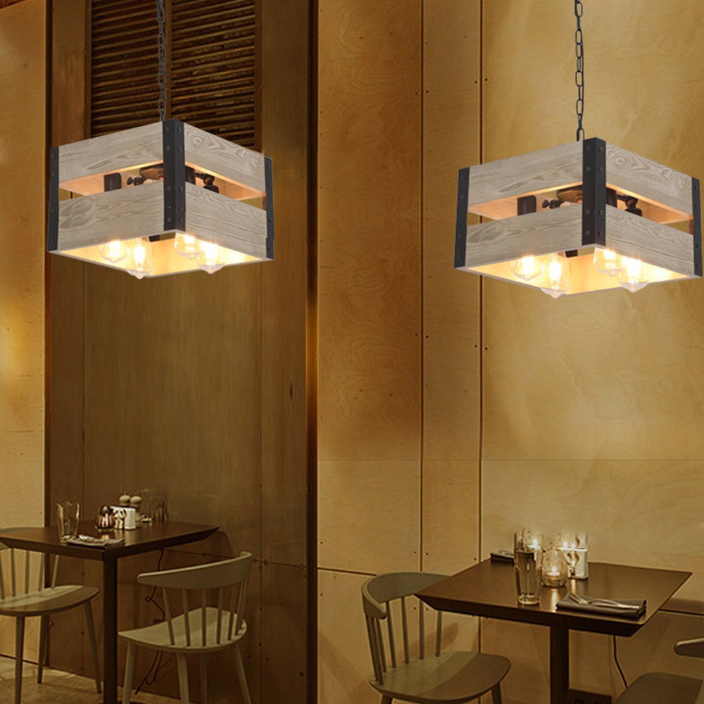 Alessio Retro Square Metal & Wood Pendant Light, 4 Heads, 2 Style - Lumpaz