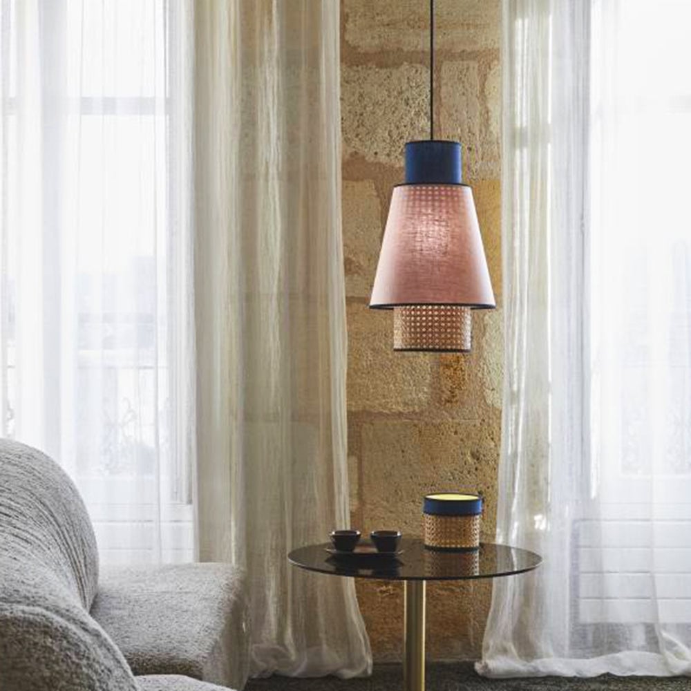 Ritta Cylindrical Fabric/Rattan Pendant Light, Pink/Royal Blue - Lumpaz