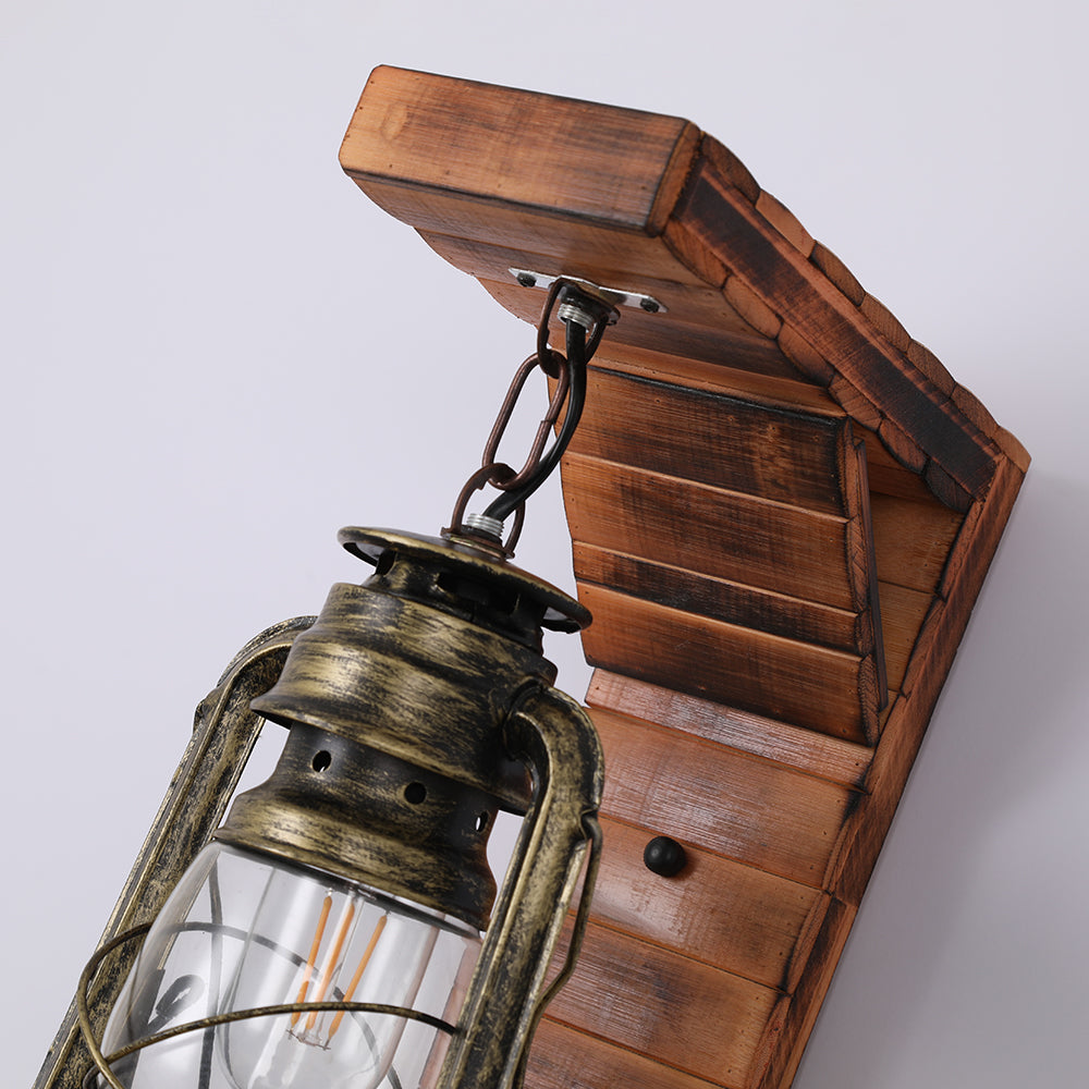 Austin Lantern Bedroom Wall Lamp, Metal/Wood, Restaurant - Lumpaz