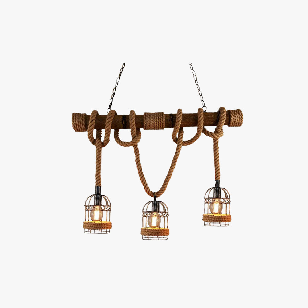 Alessio Vintage Wood Pendant Light, 3 Heads, Hemp rope&Metal - Lumpaz